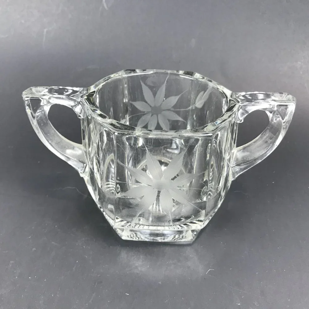 Heavy Vintage hexagonal, etched cream and sugar set